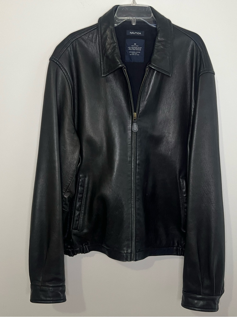 Men’s Nautica Black Leather Zip Bomber Jacket